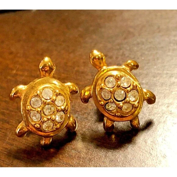 Vintage “Avon Precious Turtle Earrings” 1992 Gold Plated Rhinestone - Picture 3 of 5